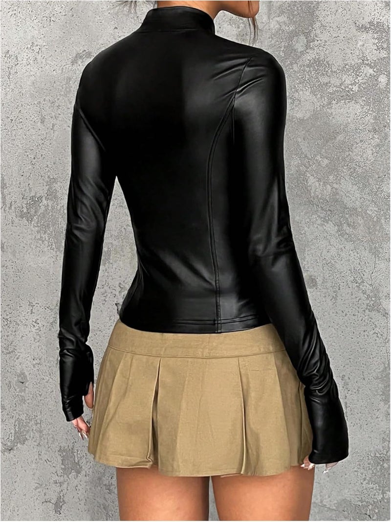 MakeMeChic Women's Faux Leather Jacket Thin Fleece Mock Neck Zip Up Long Sleeve Winter Coat Outerwear - Image 2